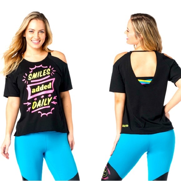 Zumba Fitness Tops - Zumba Wear Women’s Top  Cold Shoulder “ Smile Added Daily” - Black